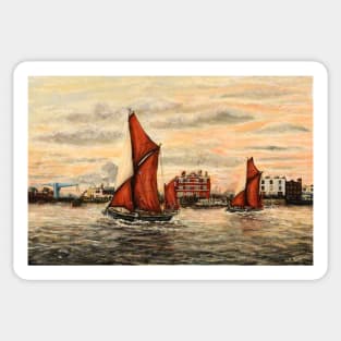 THAMES SAILING BARGES PASSING BLACKWALL,  RIVER THAMES Sticker